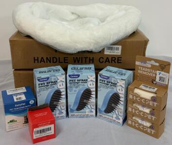 (2) Tabletop / Desk Cat Beds, (3) Pet Spray Brushes, Tear Stain Remover & Smart Cat Toy