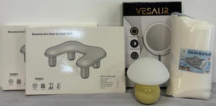 Vesaur Light Up Makeup Mirror, (2) Cushioned Nail Tech Arm Rest Sets, Decorative Mushroom Lamp & Cooling Neck Pillow