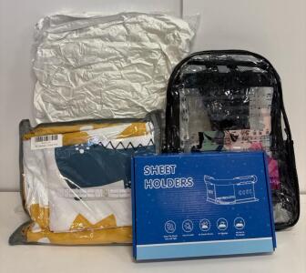 Dorm Bedding Bundle: 4-Piece Dinosaur Set, Clear Popular Glenda Backpack, Sheet Holders, Queen Pillow