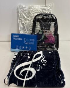 Music Notes Bedding Set with Blanket, Sheet Holders, Clear Glenda Popular Backpack, and White Queen Size Pillow