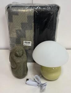 Outdoor Decor Including 6x9 Rug, Yellow Mushroom Lamp and Mermaid Statue