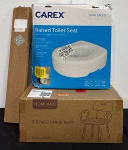 Home Bath Lot Including Shower Chair, Raised Toliet Seat And Shower Grab Bar