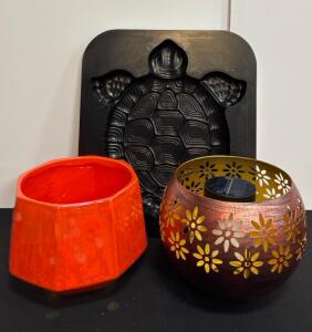 Reusable Turtle Stepping Stone Mold, Red Octagonal Ceramic Planter, Bronze Solar Fire Bowl Lantern