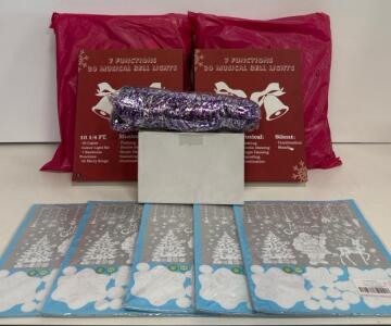 Holiday Decor Lot: 2 Musical Bell Light Sets 10ft Each, 4 Window Clings, Tinsel, New Condition, 8 Gingerbread Pillows