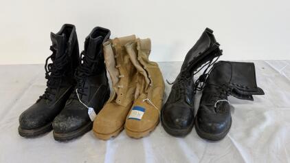 Three Pairs US Military Combat Boots&mdash;Black Leather & Tan, Sizes 9.5B and 9N, Chevron Outsole
