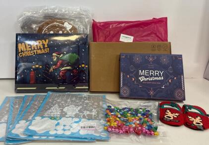 Holiday Gift Set &ndash; Christmas Decor Mega Bundle: 2 Advent Calendars, 4 Plush Pillows, Slippers, Stickers