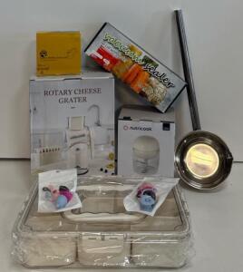 Kitchen Gadget Bundle: Rotary Cheese Grater, Nutricook Chopper, Ladle, Storage Box, Sealer Kit