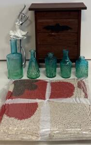 Decorative Home D&eacute;cor Bundle with 5 Blue-Green Glass Vases, EIGHTOWN Floral Throw Blanket, Ballerina Figurine & Rustic Bat House