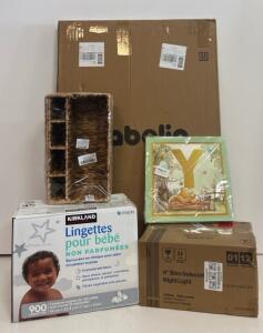Babelio Baby Gate, Kirkland Wipes 900ct, Pooh &ldquo;BABY&rdquo; Blocks, 6" LED Downlights, Woven Organizer