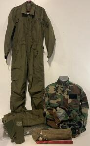 Military Clothing & Accessories Including (2) Tops, (3) Coveralls, Gloves & Fusee Backfiring Torches