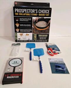 (1) Prospector's Choice - Collapsible Stand & 10L Collapsible Bucket Kit, (1) 3-Oz Snifter Bottle, (1) 3.5" Magnifier, (2) Extendable Fly Swatters, (1) 3-In-1 Pocket Diamond Sharpner & (1) Pair Of 8.5" Stainless Steel Scissors