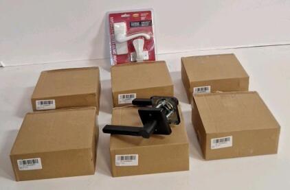 (1) 6-Pack Of Interior Passageway Lever Door Knobs For Closets & Hallways, Oil Rubbed Bronze Finish & (1) Georgian Storm Door Lever Set, White Finish