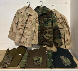 US Air Force BDU/DCU Surplus Lot: 3 Jackets Size Small, 3 Wool Trousers 28&rdquo; Waist, Camo Pouches, Utility Straps