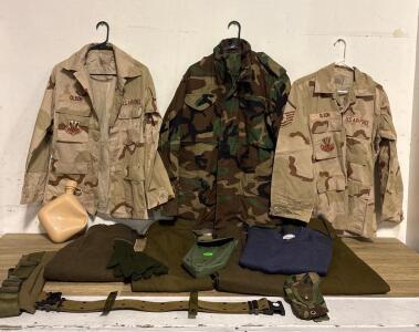 U.S. Air Force Uniform Lot: DCU and BDU Jackets Size Small, Wool Trousers 28&rdquo; Waist, Sweater, Canteen, Accessories