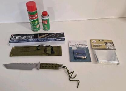 (1) SE - 11" Fixed Blade Knife, 6.5" Tanto Blade W/ Sheath Firestarter & Whistle, (1) 3-In-1 Pocket Diamond Sharpener, (1) 6FlOz Can Of Ballistol Multi-Purpose Spray Lubricant , (1) 4FlOz Can Of Ballistol Multi-Purpose Spray Lubricant & (1) Emergency Bl
