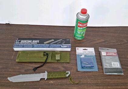 (1) SE - 11" Fixed Blade Knife, 6.5" Tanto Blade W/ Sheath Firestarter & Whistle, (1) 3-In-1 Pocket Diamond Sharpener, (1) 16FlOz Can Of Ballistol Multi-Purpose Spray Lubricant & (1) Emergency Rain Poncho
