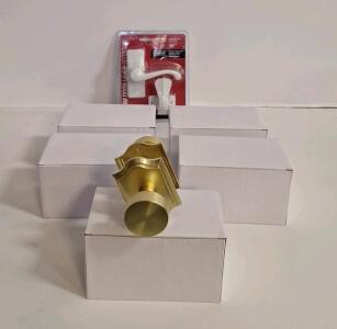 (1) 5-Pack Of Interior Passageway Door Knobs For Closets & Hallways, Brushed Gold Finish & (1) Georgian Storm Door Lever Set, White Finish