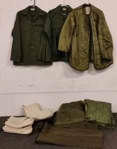 U.S. Army OG-107 Fatigue Shirts, M65 Jacket Liners, Balaclavas, Web Belts - Cold Weather Surplus Lot