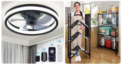 20&rdquo; Black & White Smart Ceiling Fan & 4-Tier Black Folding Storage Shelf