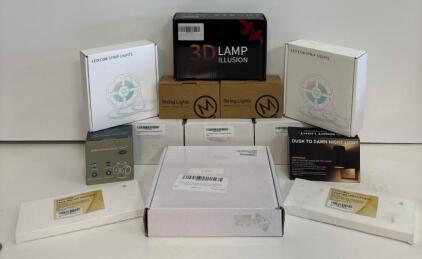 Mixed LED Lighting Lot, Brightech Solar String, 3D Lamp, COB Strips, Fairy, Vine, Night Lights, Remotes