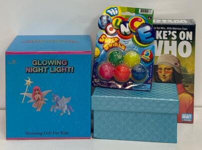 Crystal Ball LED Night Light 3D Etched Unicorn, 16-Color Remote, Wooden Base, USB, Boxed, Make Your Own Terrarium Kit, Jokes On Who Card Game, and 5 Pack Super Swirl Bouncy Balls.