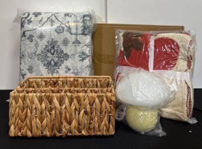 Home Lot Including Gray and White 6x9 Area Rug, Wicker Basket, Yellow Mushroom Lamp and Floral Throw Blanket.