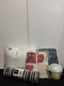 Multi-Piece Bedding Set: GunziStreet Chenille Throw Blanket, Delbix Rug, Blue Comforter, Pillows