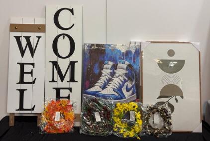 Wall Art Lot: Themed Art Including Nike Sneakers, Abstract Art And Welcome Sign