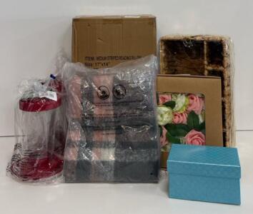 Women&rsquo;s Home Decor Lot Including Bat House, Wicker Basket with Dividers and Handles, Pink Plaid Scarf, (2) Red Plastic Bird Feeders And More!