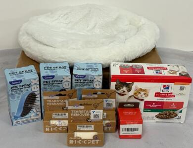 Tabletop / Desk Cat Bed, Hills Science Diet Kitten Food, (3) Pet Spray Brushes, Tear Stain Remover & Smart Cat Toy