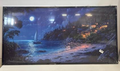 Large Moonlit Coastal Village Framed Canvas Print, 60x30 In, Black Metal Frame