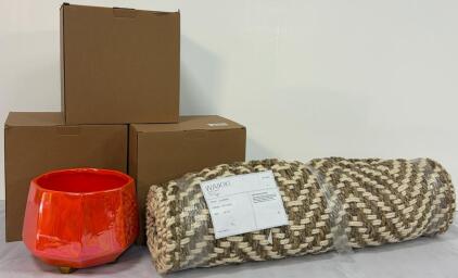 (3) 8&rdquo; Orange & Gold Ceramic Planter Pots & Boho Style Outdoor Area Rug