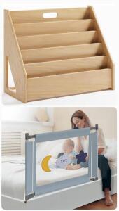 5-Tier Front Facing Wooden Bookshelf & (2) Toddler / Baby Bed Safety Rails