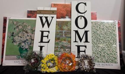 Large Art Decor Lot &ndash; Monet, Van Gogh, William Morris Prints, Waterfall Canvas, Porch Welcome Sign, 4 Seasonal Wreaths
