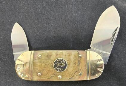 Ocoee River Canoe Two-Blade Folding Pocket Knife, Jigged Bone Handle, Brass Bolsters, 3" Closed