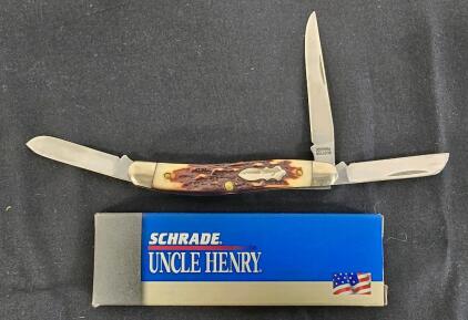 Schrade Uncle Henry 897UH USA Stockman 3-Blade Pocket Knife, Staglon Handle, Box Included