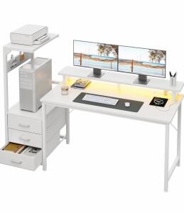 AODK 59" White Gaming Computer Desk, 3 Drawers & Shelves, Monitor Riser, Steel Frame, X004BR74RL