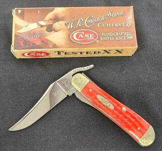 Case XX 350 Red Jigged Bone Hawkbill Pruner Knife W/ Brass Bolsters & Box - USA Made
