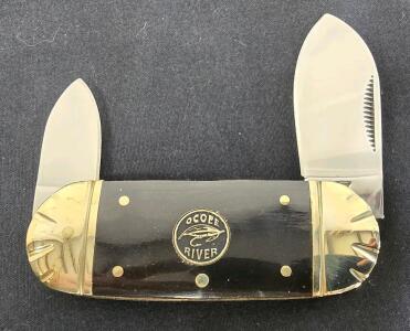 Ocoee River Trapper Folding Knife, 2-Blade, Brass Bolsters, Black Handle, 2.75" Closed