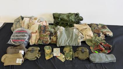 US Military Surplus Size Medium Lot: USGI ALICE Pouches, Camo BDU/ABU Uniforms, Socks, Hats, Duffel Bag