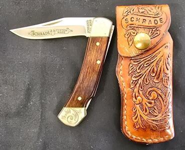 Schrade SCMS Custom Made Folding Lockback Knife, Wood Handle, 3.5" Blade, Leather Sheath