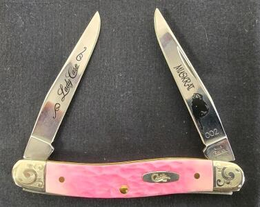 Case XX Lady Case Muskrat #002 Pink Jigged Bone, 2 Clip Point Blades, Engraved Bolsters, Collectible