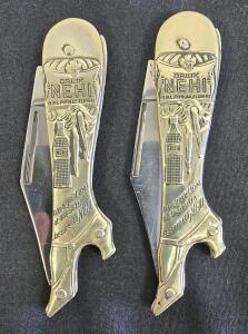 (2) Remington NEHI Vintage Brass Advertising Pocket Knife Bottle Opener