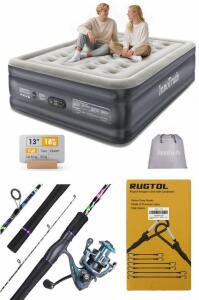 Camping Goods - Sougayilang 6&rsquo; Spinning & Casting Rod Combo, 1000 Reel, Left & Right Hand Interchangable, Innotruth Full Size Air Mattress & (12) Pcs Bungee Cords