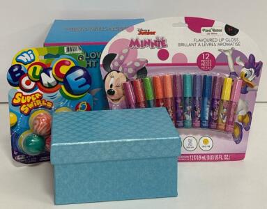 Kids Gift Bundle: 3D Crystal Ball Night Light, Fairy & Unicorn Terrarium, Minnie Mouse Lip Gloss, Bouncy Balls