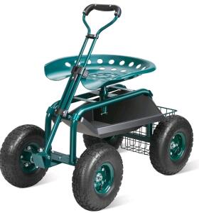 Garden Cart Rolling Workseat with Wheels, Gardening Stool for Planting, Green