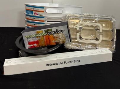 InterDesign Lazy Susan Bins, KAMaster Ash Can, Power Strip, Serving Tray, Vacuum Sealer Lot
