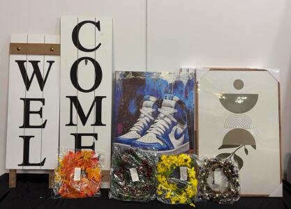 Wall Art Lot: Themed Art Including Nike Sneakers, Abstract Art And Welcome Sign