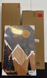 Western 4-Panel Cowboy Canvas Art, 3-Piece Mountain Wood Wall Art Set, Vertical Welcome Porch Sign