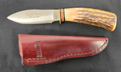 Marble's Limited Edition Fixed-Blade Hunting Knife, Stag Handle, Drop Point, 059 Of 100, Leather Sheath